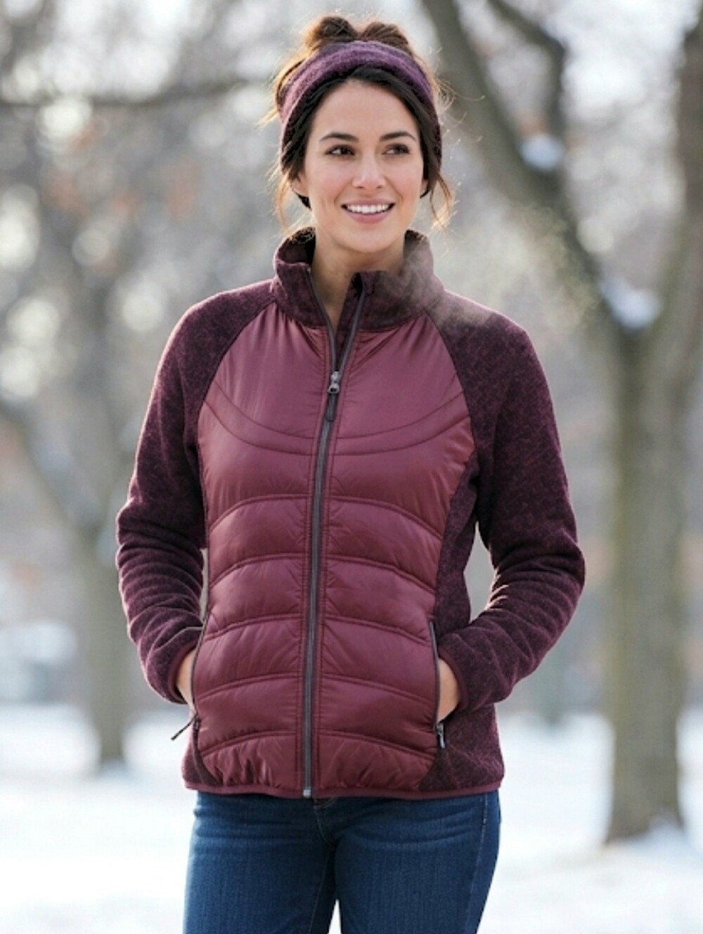 London Fog Burgundy Puffer & Sweater Hybrid Zip Front Jacket Size Medium